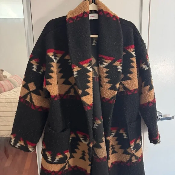 XIRENA Yellowstone Black Aztec Print Long Coat with Tan & Red Accents - Picture 6 of 8
